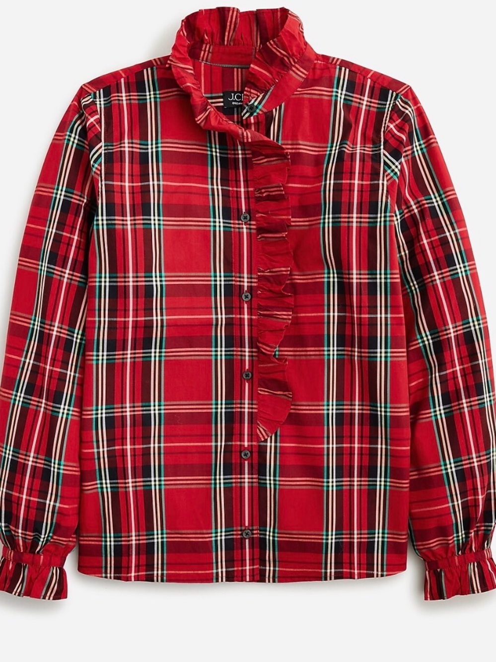 J. Crew Cottage Red Plaid Ruffle-Front Shirt Cotton Poplin Holiday - 10